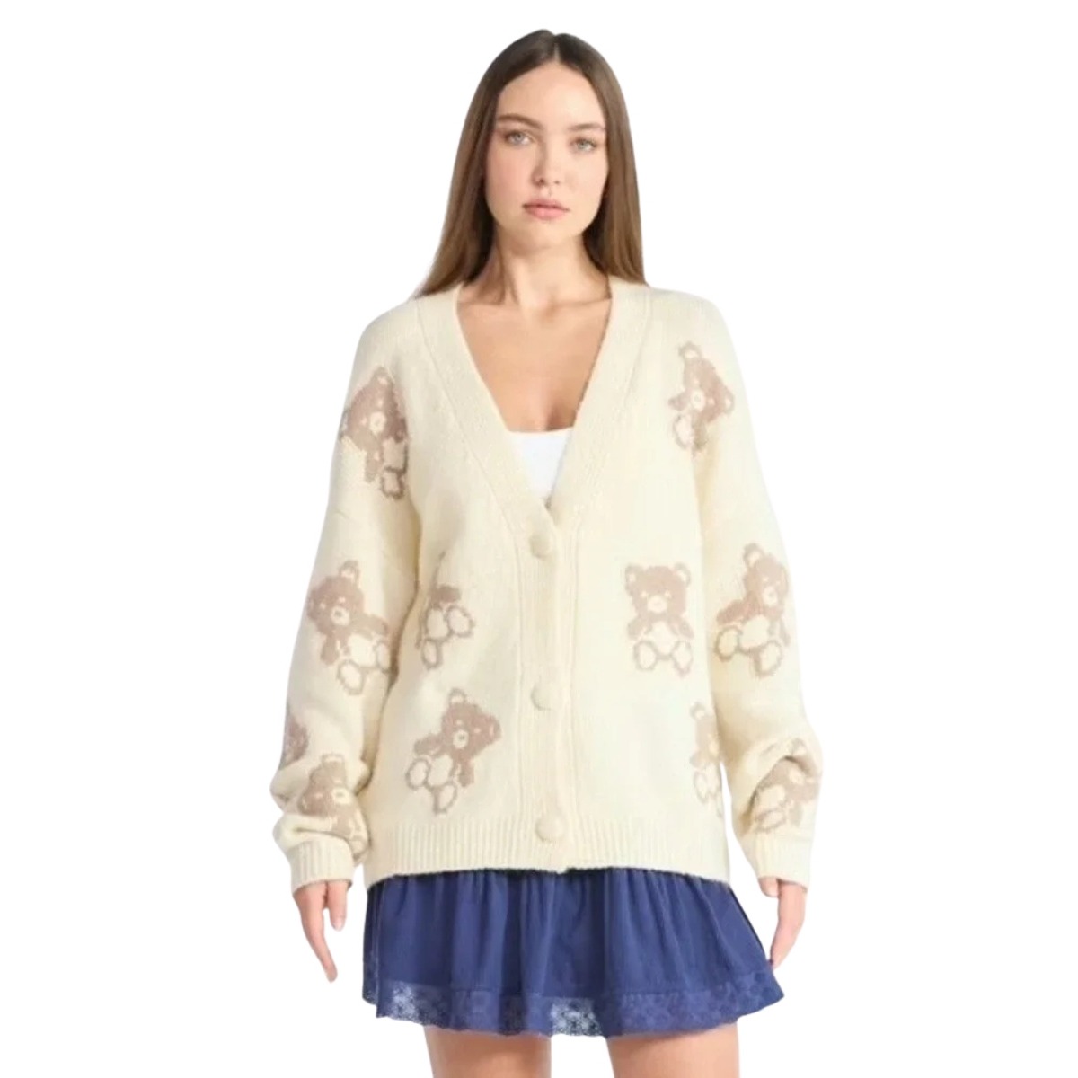 No Boundaries Cream/Brown Teddy Bear Oversized Cardigan Sweater, Sz Large